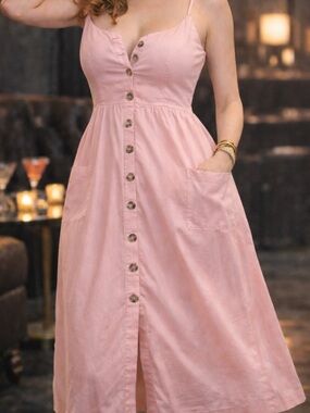 Opera Pink Button Front Sundress XS Smocked Back Summer Dress Pockets